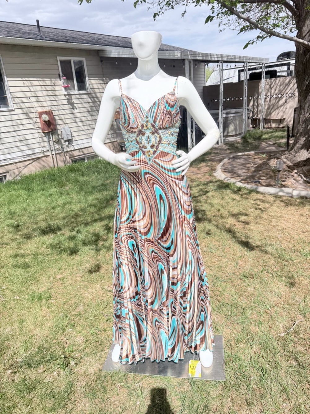 Spiral-Print Maxi Dress with Beaded Waist - Turquoise & Brown